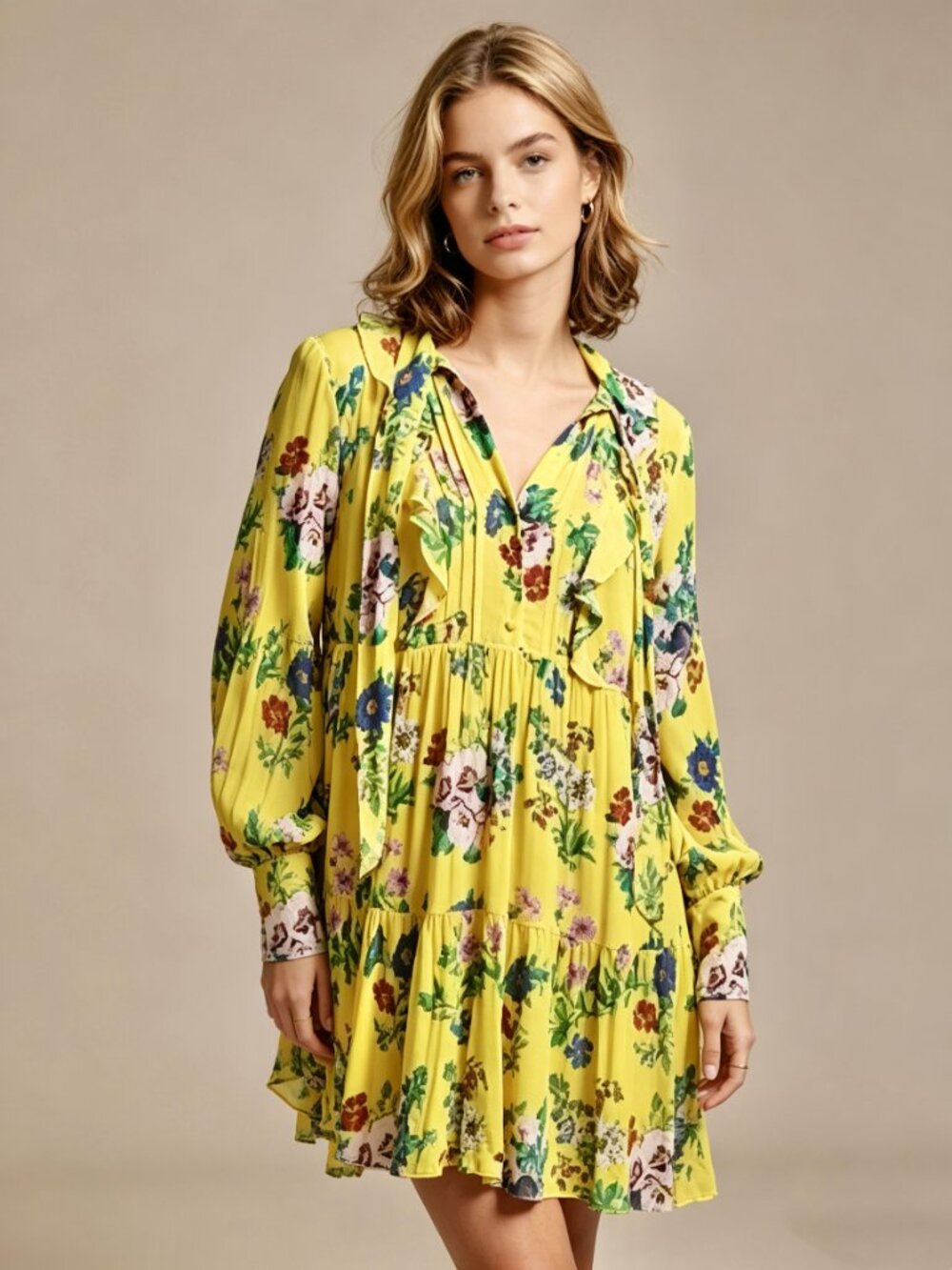 NWOT Superdry Wonens Long Sleeves Ruffled Floral Mini Dress Yellow Size 12